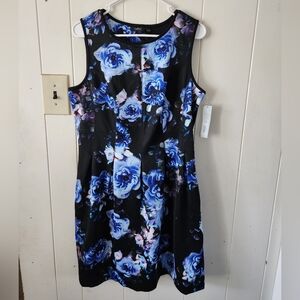 NWT Apt. 9 Blue and Black Floral Midi Dress Size L